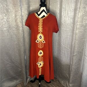 Elegant Rust Midi Dress with Gold Accents